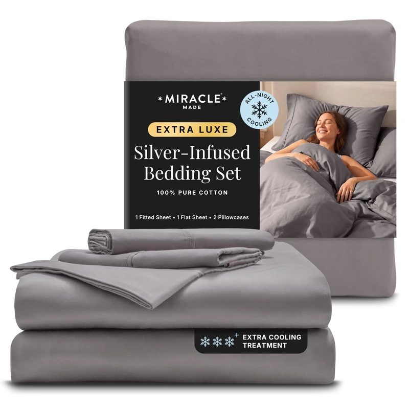 Miracle Made Extra Luxe Soft, Cool-to-the-Touch Cotton Bed Sheet Set, 4-Piece – Silver-Treated, Breathable, Lightweight Bedding – King Size, Stone