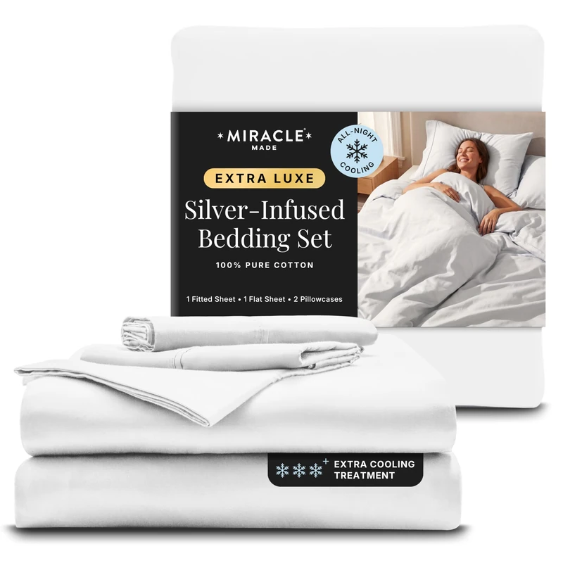 Miracle Made Extra Luxe Soft, Cool-to-the-Touch Cotton Bed Sheet Set, 3-Piece – Silver-Treated, Breathable, Lightweight Bedding – Twin Size, White