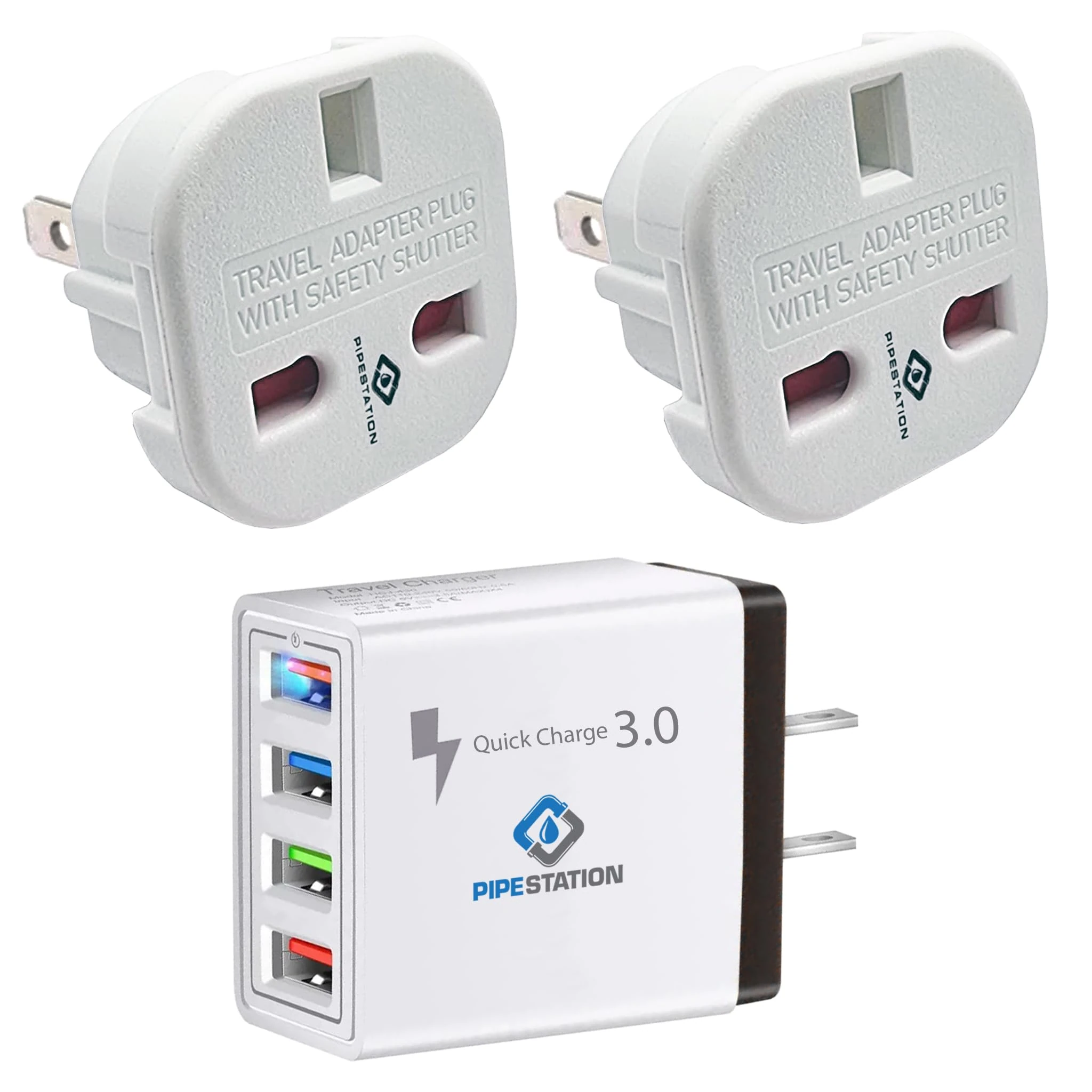 Pipestation USA USB Travel Adapter Charger Plug & 2x USA to UK Travel Adaptors | 2 Pin America Adaptor with 4 USB Ports | UK 3 pin to American 2 Flat Pin | Converter for America Canada China Japan