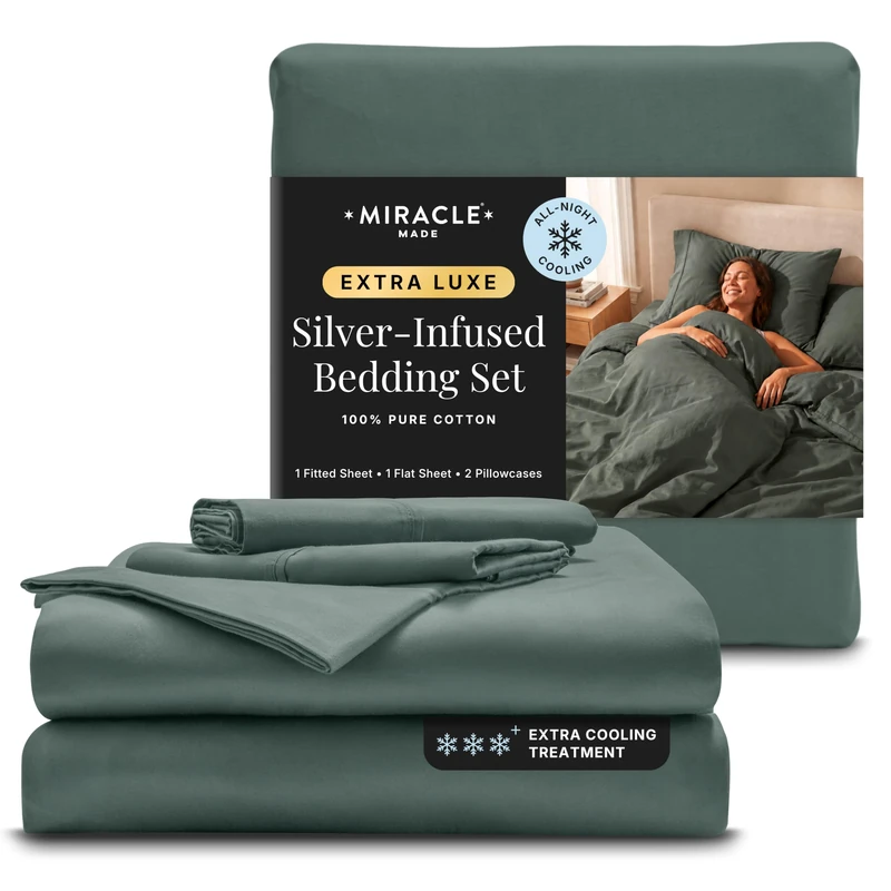 Miracle Made® Extra Luxe COOLIT True Grip Fitted Bed Sheet Set –Sage Green, King– 4 Piece Set, 300-Thread-Count Thread Count Lyocell Silver Infused for Sensitive Skin - Image 1