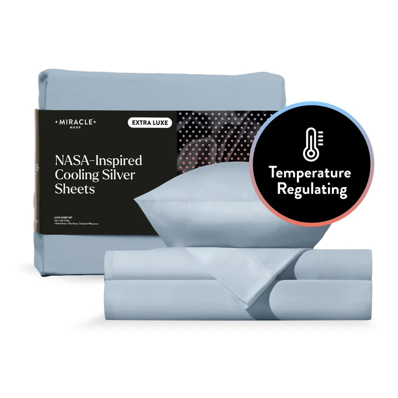 Miracle Made Newly Improved Extra Luxe Cool IT True Grip Fitted Bed Sheets King Size - Sky Blue 4-Piece Silver Infused Bedding, 300 Thread Count - Temperature Regulating Sheets