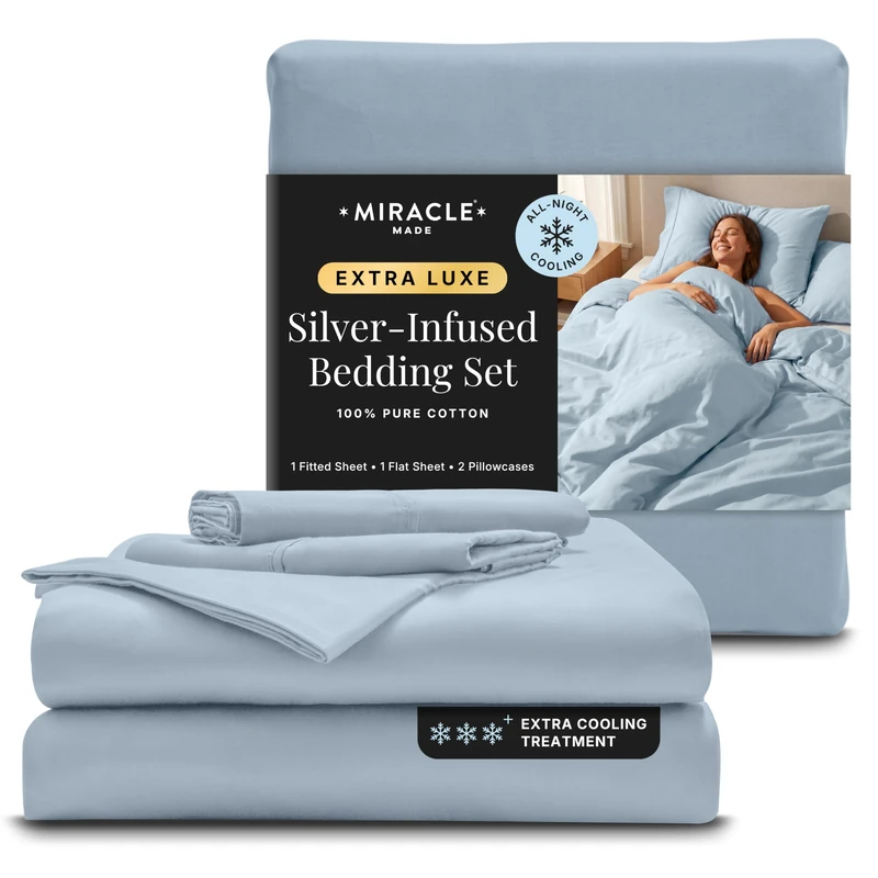Miracle Made Extra Luxe Soft, Cool-to-the-Touch Cotton Bed Sheet Set, 4-Piece – Silver-Treated, Breathable, Lightweight Bedding – Full Size, Sky Blue