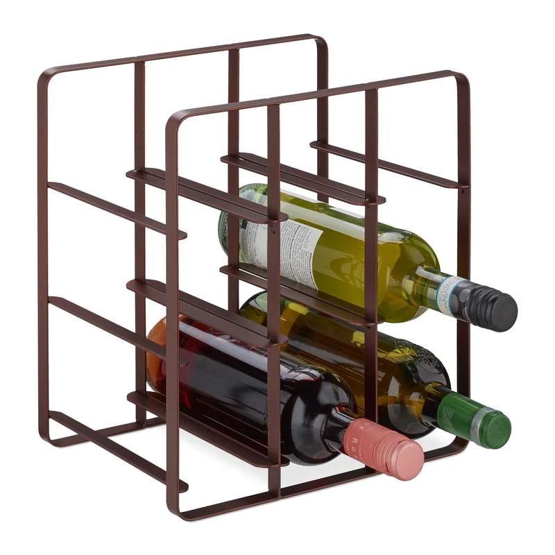 Relaxdays Metal Wine Rack, 9 Bottles, Powder-Coated Iron, 30 x 27.5 x 20 cm, Free Standing Holder, Kitchen & Bar, Brown
