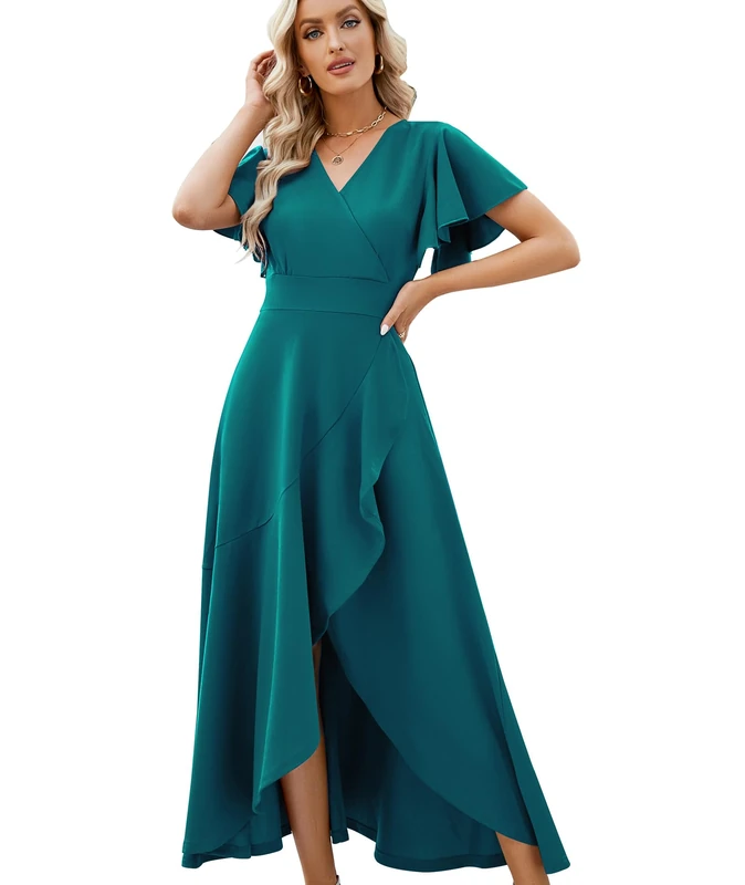 Long Black Formal Dresses for Women Gowns Evening Party Cocktail Dress,Split Elegant V Neck Wrap Ruffle Wedding Guest Dresses, Peacock Blue, XXL