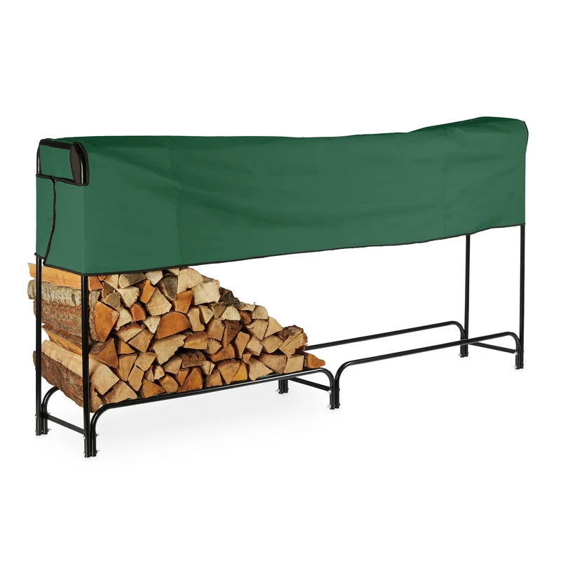 Relaxdays Firewood Rack with Cover, Steel, Log Storage Stand, Stacking Wood Shelf, HWD: 122 x 250 x 30 cm, Black/Green
