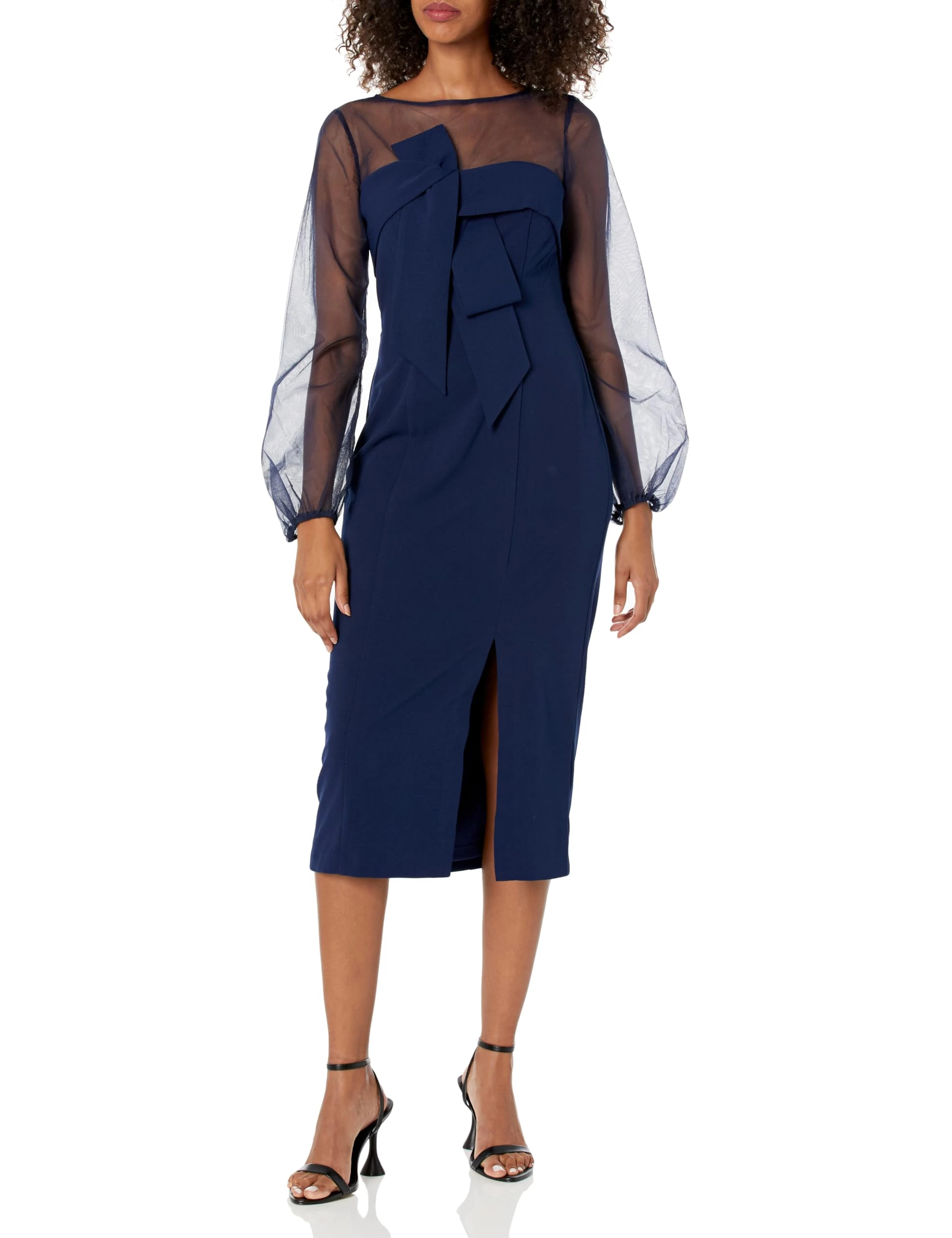 JS Collections Women's Maia Bow Tea Length Dress Cocktail, Navy, 8