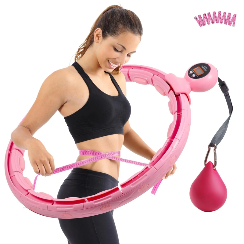 LINGDA Hula Hoop, Smart Hula Hoop, with Smart Counter, with Weight Ball, and 16 Removable Adjustable Links, with Tape Measure, Hula Hoop, Fitness, Slimming Pink, Made of Acrylonitrile Butadiene
