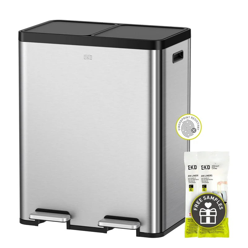 EKO Essential Recycle Step Stainless Steel Kitchen Trash can 30L+30L Dual Pedal Dual Lid