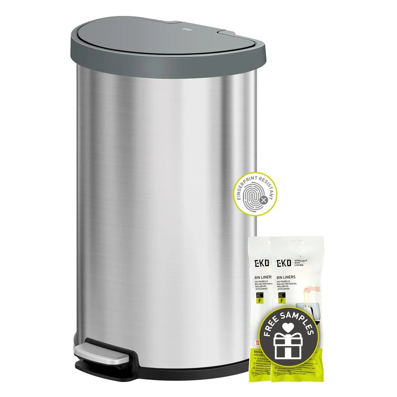 EKO Aria Brushed Stainless Steel Step Kitchen Trash Can Semi-Round 45L