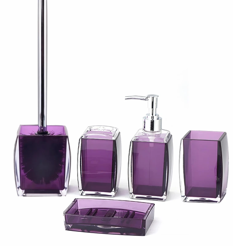 TUANYO 5Pcs Purple Resin/Acrylic Bathroom Accessories Complete Set, Lotion/Soap Dispenser, Soap Dish, Toothbrush Holder, Tumbler, Toilet Brush and Holder, Modern Bathroom Decor and Gift Set, Purple