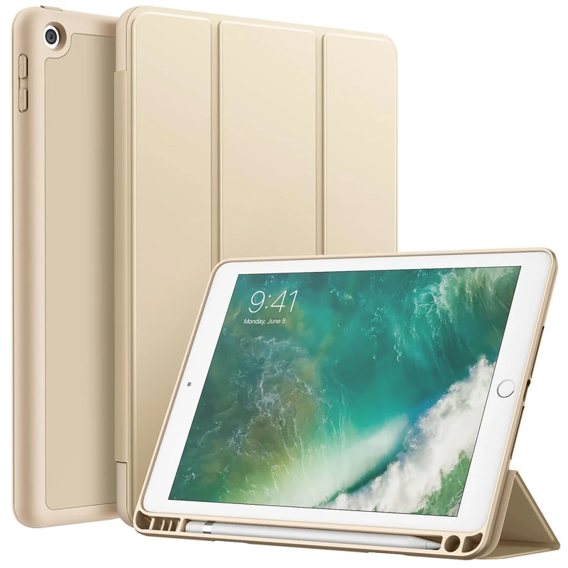 JETech Case for iPad 9.7-Inch (6th/5th Generation, 2018/2017) with Pencil Holder, Slim Tablet Cover with Soft TPU Back, Auto Wake/Sleep (Beige)