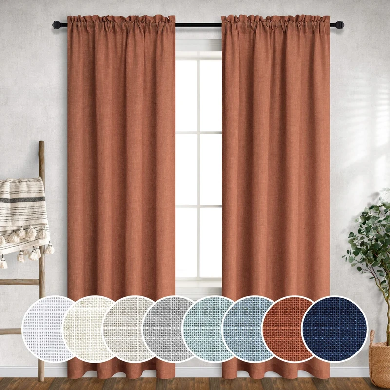 Mrs.Naturall Terracotta Linen Curtains 102 Inch Long for Living Room & Bedroom 2 Piece Set with Rod Pocket Translucent Semi Sheer in Rust Orange Western Decor 52x102 Inch