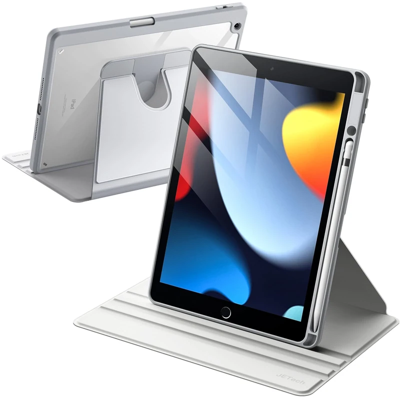 JETech Rotating Case for iPad 9/8/7 (10.2-Inch, 2021/2020/2019 Model, 9th/8th/7th Generation) with Pencil Holder, 360 Degree Rotation Stand Cover Clear Back, Auto Wake/Sleep (Silver)