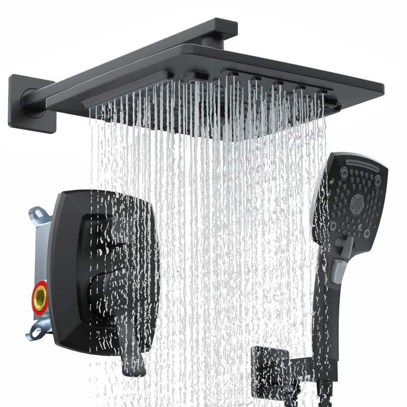 ELLO&ALLO Matte Black Bathroom Shower Faucet Set with Valve, Rainfall Shower Head with Portable Combo
