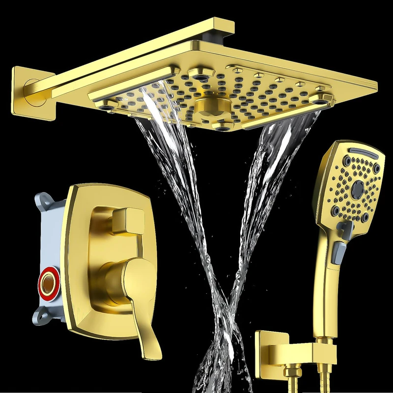 ELLO&ALLO Bathroom Shower Faucet Set Mixing Valve and Trim Kit, Complete Shower System with Rough-in Valve, Brushed Gold