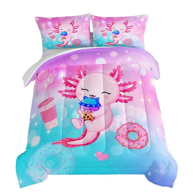 HOSIMA Axolotl Comforter Cute Animal Bedding Sets Queen Size Room Decor for Teen Girls Dessert Milk Tea Donut Bed Princess Toddler Bedding Set Fantasy Queen Bed in a Bag for Adults Kids.