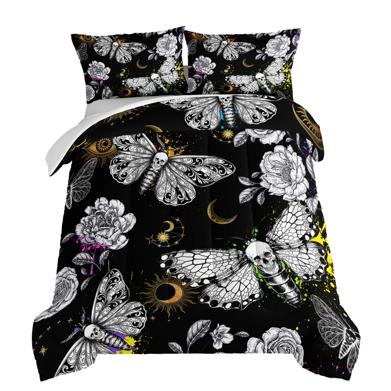 HOSIMA Death Moth Skull Heads Comforter for Queen Size Bed Horror Theme Halloween Bedding,Goth Bedding Set Floral Butterfly Bed Set Room Decor for Teen Girls Boys Black Comforter Set.