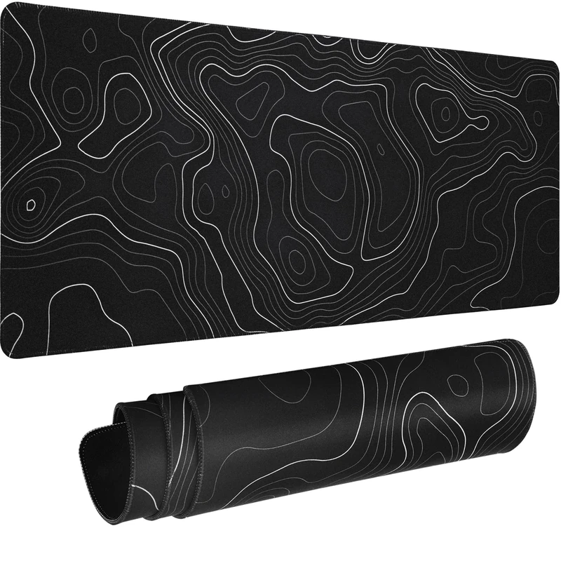 HAUTOCO Topographic Contour Large Gaming Mouse Pad, 800 x 300 x 3MM Big Mousepad Desk Pad with Non-Slip Base and Stitched Edge, Minimalist Computer Keyboard Mouse Mat for Office Work, Black