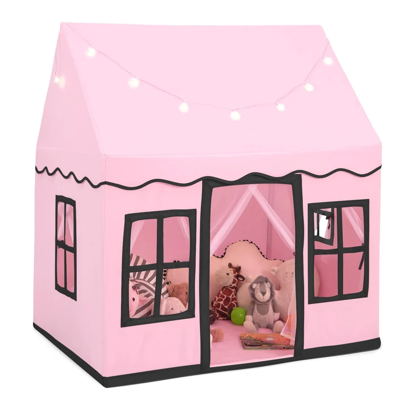 GYMAX Kids Tent, Indoor Children Playhouse with Washable Mat, Star Lights & Windows, Large Play Tent for 3-10 Years Old Girls Boys (Pink+Black)