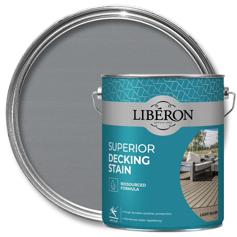 Libéron Superior Decking Stain - Durable Protection Against Extreme Weather - UV & Water-Resistant Finish - Anti-Slip - Biosourced Formula - Light Silver - 5 litres