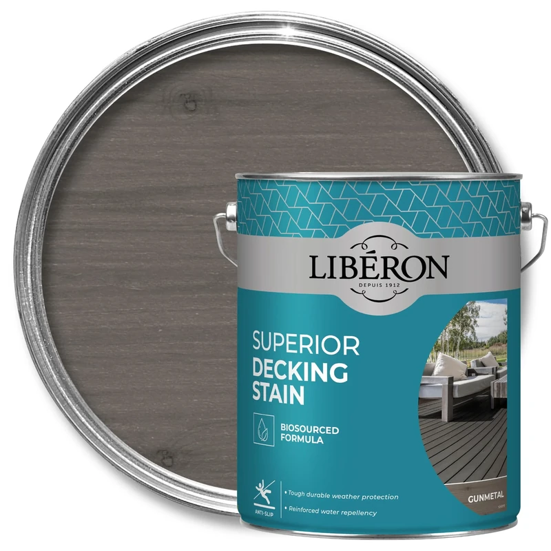 Libéron Superior Decking Stain - Durable Protection Against Extreme Weather - UV & Water-Resistant Finish - Anti-Slip - Biosourced Formula - Gun Metal - 5 litres