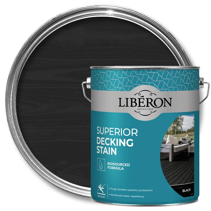 Libéron Superior Decking Stain - Durable Protection Against Extreme Weather - UV & Water-Resistant Finish - Anti-Slip - Biosourced Formula - Black - 5 litres