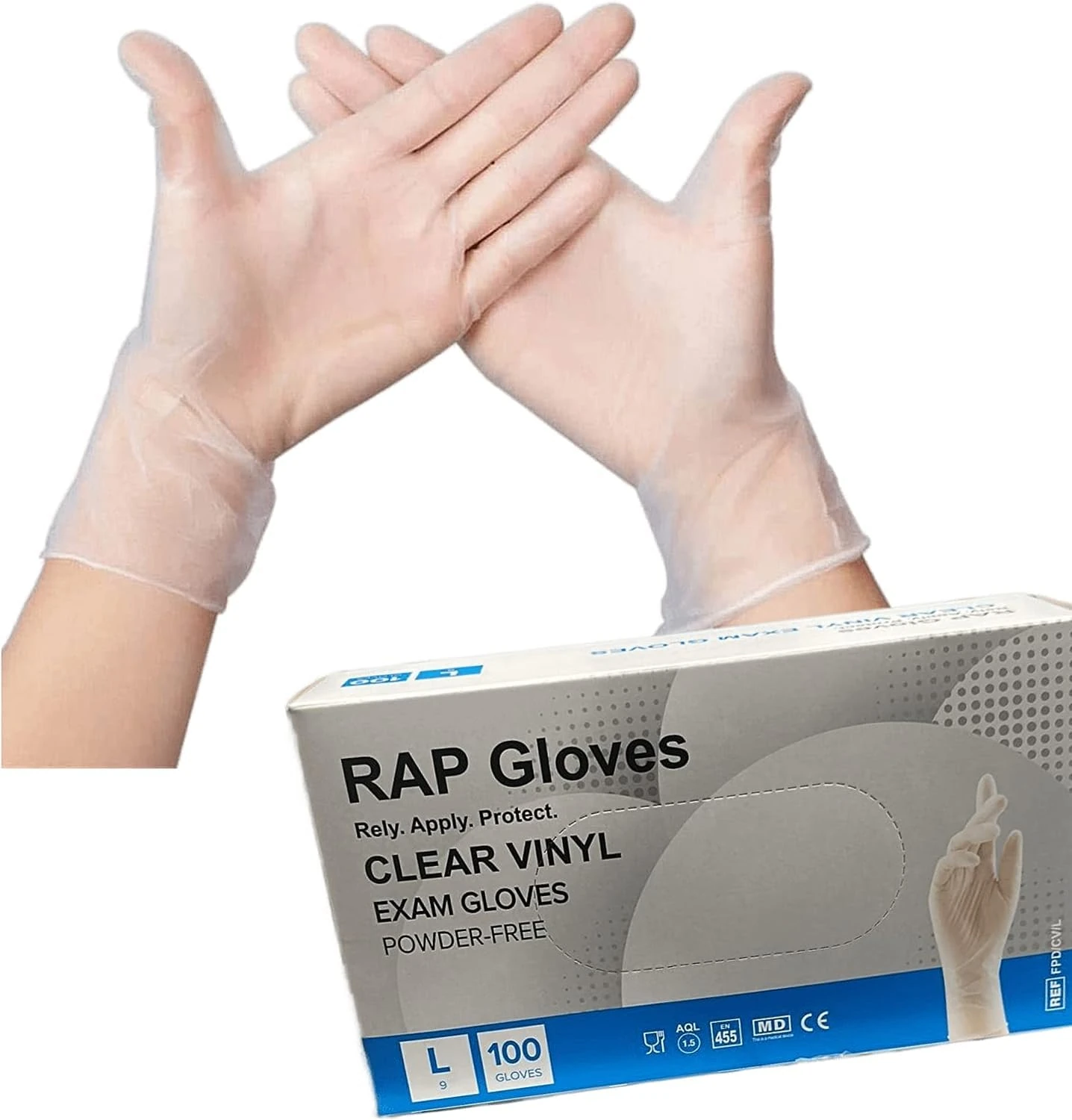 RAP Gloves Clear Vinyl Disposable Examination Gloves Latex-Free Powder-Free Examination Gloves for Medical Industrial Protein Free Food Household and Multi Use (L - Pack of 1000)