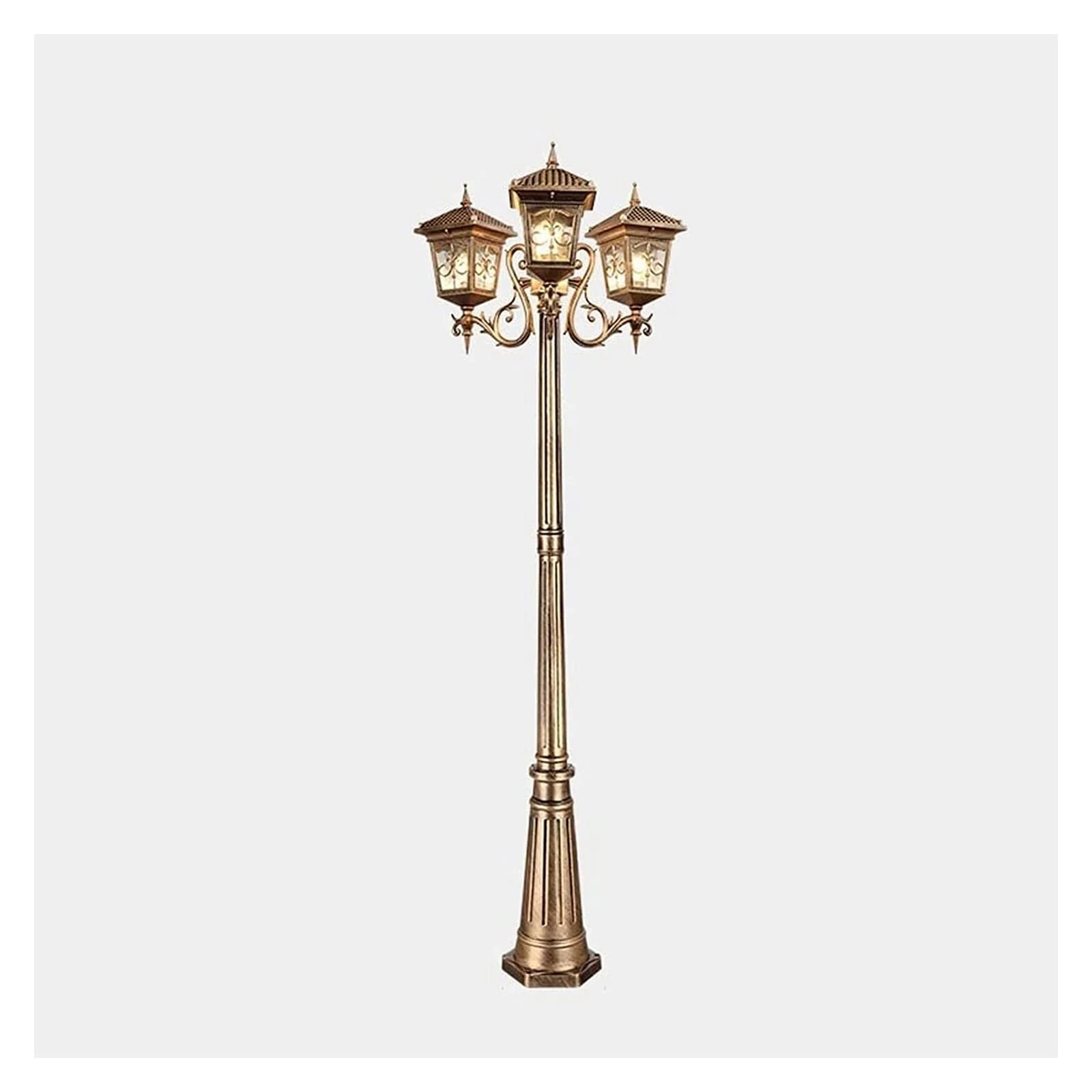 ANIFM Courtyard Light Waterproof 3-Light E27 Glass Light Antique Aluminum High Pole Street Light Column Lamp Garden Landscape Lawn Decor Post Light,Brass,3.15m (Color : Brass, Size : Height 2.05M)