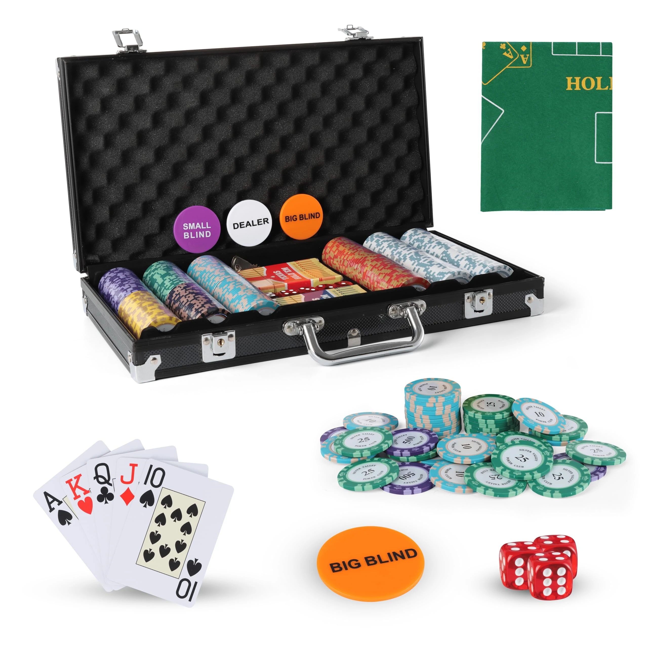 JUNGLE STONE Texas Holdem Poker Set with Deluxe Aluminium Case, 300 Piece Pro Quality Clay Metal Chips, 2 Decks of Pro Plastic Playing Cards, 5 Dice Dealer Big Small Blind Button set