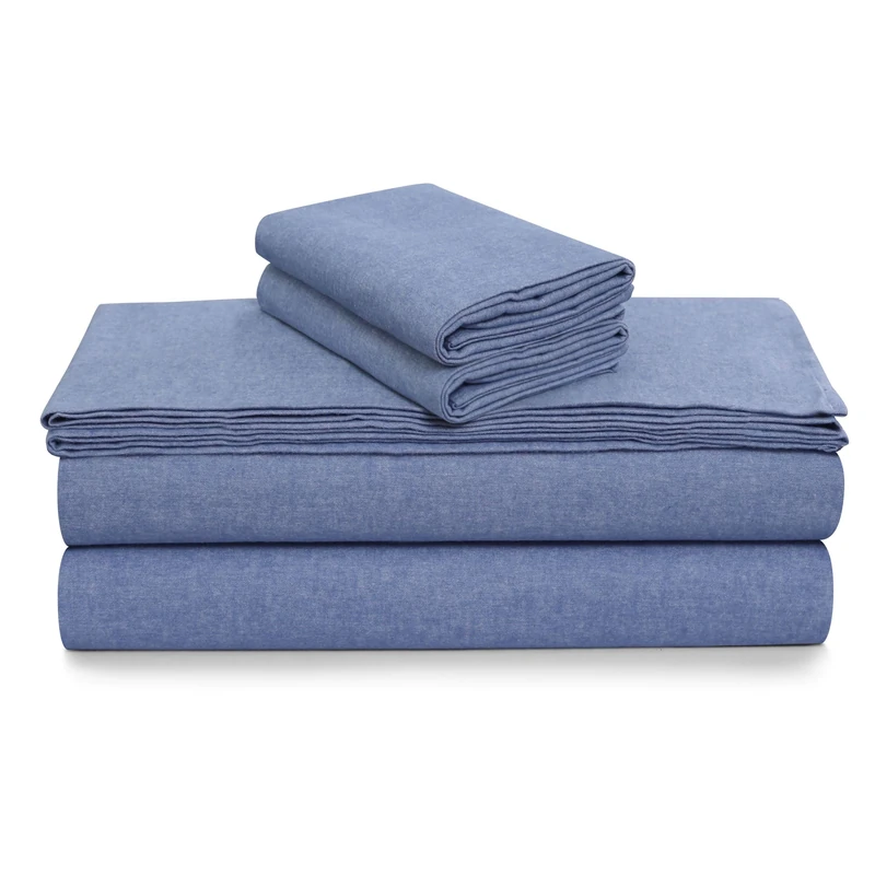 Tribeca Living Yarn Dyed 100% Cotton Queen Flannel Bed Sheet Set, Velvety Soft Portuguese Flannel Sheets, Extra Deep Pocket 4-Piece Bedding Set, 180-GSM Cozy Flannel, Heather Moonlight Blue