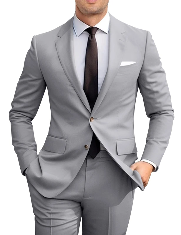 Amyox Men's Slim Fit 2 Piece Suit, Two Button Solid Suit Jacket Pants Set, Wedding Prom Suit, Grey, XXL