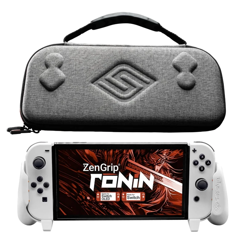 Satisfye ZenGrip Ronin White Slim Bundle, Accessories Compatible with Nintendo Switch & OLED - White ZenGrip & Grey ZenCase Slim