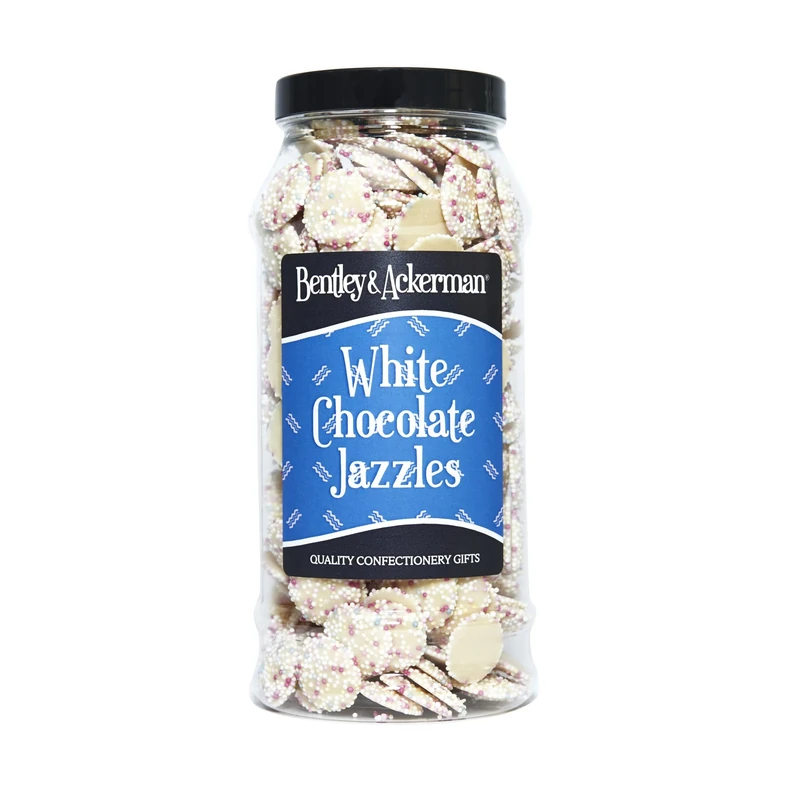 White Chocolate Jazzies (535g) Original Snowies Jazzles Retro Sweets in a Gift Jar By Bentley & Ackerman's Sweet Shop.