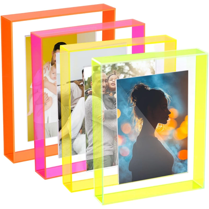 Kathfly 4 Pcs 5x7 Floating Picture Frame Acrylic Frames for Wall Mounted or Tabletop Standing Decorative Magnetic Photo Frames Neon Translucent Hanging Frame, Display Photo up to 7x9 (Trendy Colors)