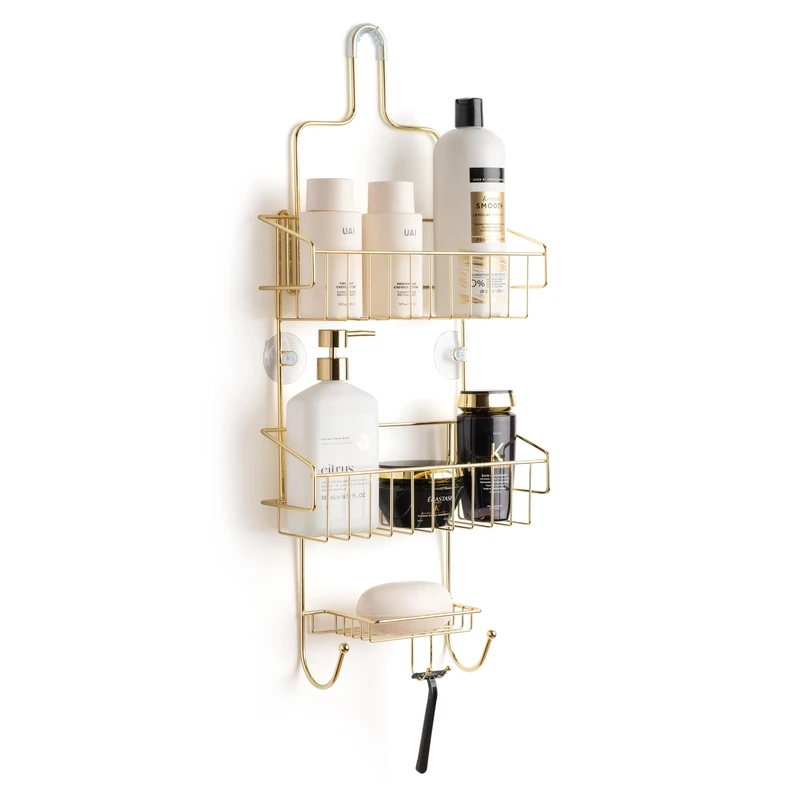 SIMPLI COZY Large Iron Gold Shower Caddy – No Drilling Required – Two-Tier Storage – Razor & Loofahs Holders – Ideal for Modern & Clean Aesthetics Decor