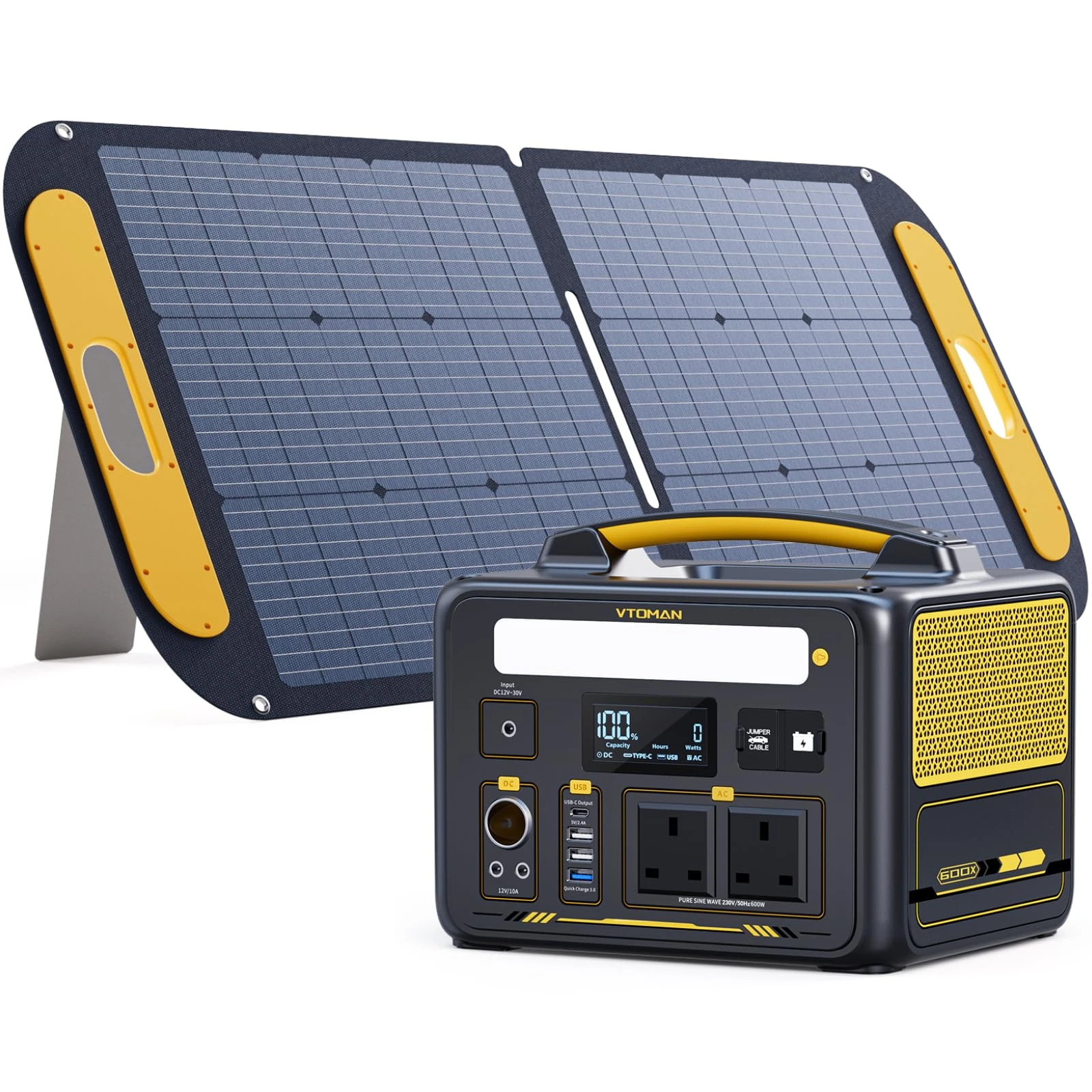 VTOMAN Jump 600X Portable Power Station with 110W Solar Panel - 600W/299Wh LiFePO4 Battery Solar Generator with 600W Constant-Power, PD 60W Type-C, Capacity Expandable for Camping, Home Backup