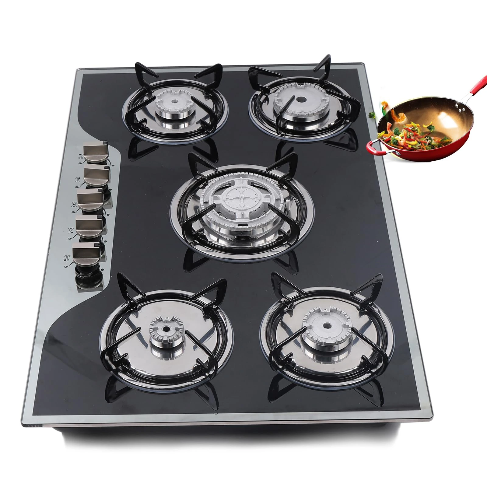 Gas Cooker, 5 Burners Built In Gas Hob, Black Tempered Glass Hob Cooktop, Stainless Steel Glass Top Kitchen Stoves Cooker Gas Burners 5 Ring Campervan Cooktops Gas Cookers, NG/LPG Convertible
