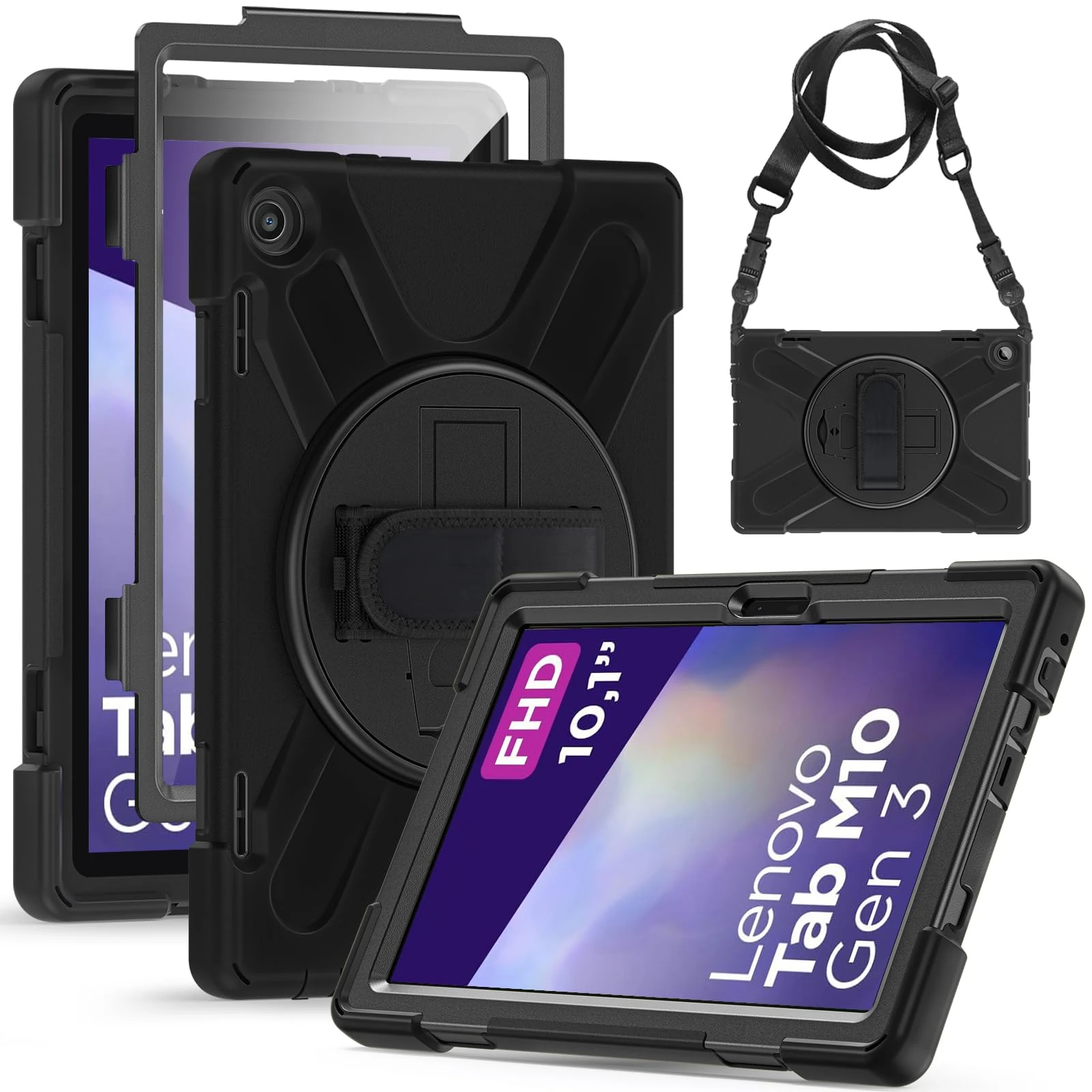 Gerutek Case for Lenovo Tab M10 3rd Gen 10.1 inch with Screen Protector, TB-328FU/TB-328XU Shockproof Rugged Case with 360 Rotating Stand/Hand&Shoulder Strap Protective Case for Lenovo M10 3rd, Black