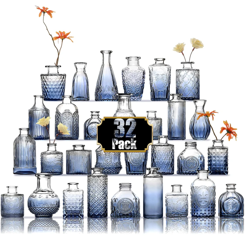 Arme Bud Vases Set of 30, Blue Vases for Centerpieces, Clear Bud Vase in Bulk, Mini Flower Vintage Cute Vases for Centerpieces, Small Glass Vases for Wedding Decor, Home Table Flower Décor