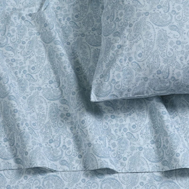 Tribeca Living Cotton Percale King Size Bed Sheet Set, 300 Thread Count, Extra Deep Pockets, Printed Danielle Paisley Blue - Image 1