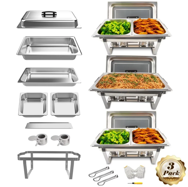 Festa Essential 3 Pack 8QT Rectangular Chafing Dish Buffet Set Stainless Steel Catering Chafers Food Warmer with Full,Half Food Pan,Fuel Holder,Foldable Frame for Weddings/Parties/Banquets Events