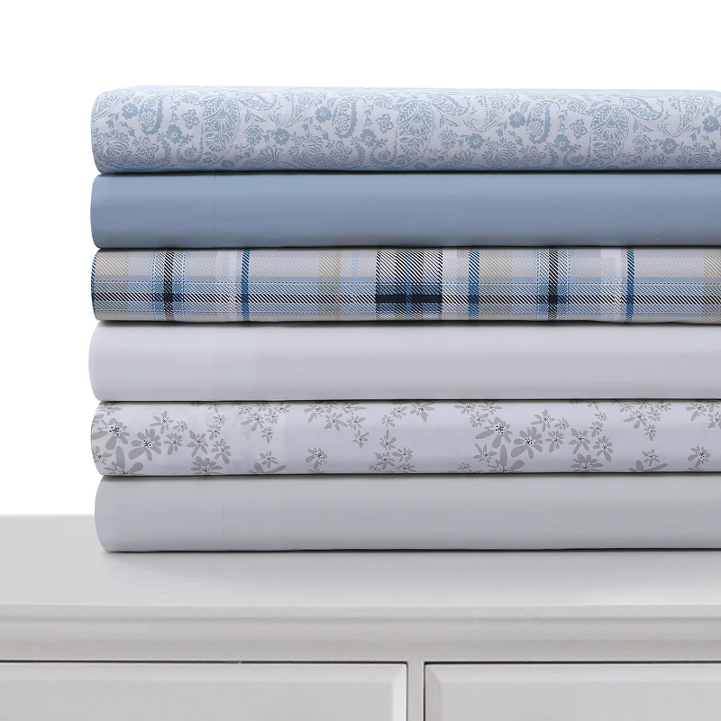 Tribeca Living Cotton Percale King Size Bed Sheet Set, 300 Thread Count, Extra Deep Pockets, Skyway/Blue