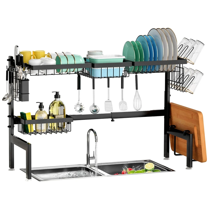 XILIDIA Over The Sink Dish Drying Rack,Expandable 2-Tier Stainless Steel Over The Sink Dish Rack with Utensil Holder Dish Drainers for Kitchen Counter (Black) - Image 1