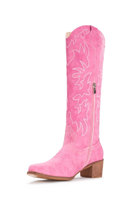 IUV Cowboy Boots For Women Knee High Boots Pointy Toe Women's Western Boots Side Zipper Chunky Heel Cowgirl Boots, Pink, 6 UK - Image 1