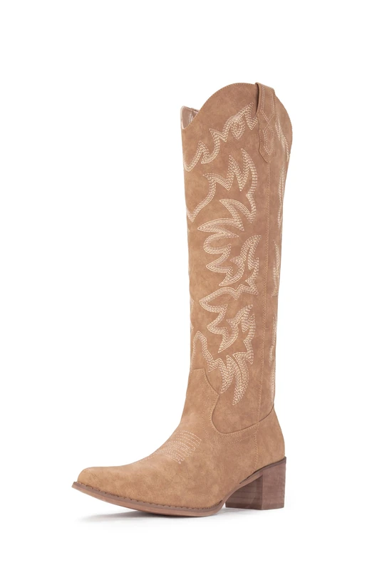 IUV Cowboy Boots For Women Knee High Boots Pointy Toe Women's Western Boots Side Zipper Chunky Heel Cowgirl Boots, Camel, 4.5 UK
