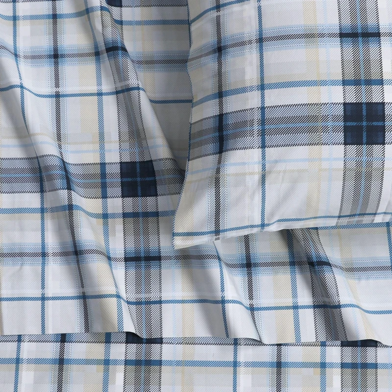 Tribeca Living Cotton Percale King Size Bed Sheet Set, 300 Thread Count, Extra Deep Pockets, Printed Tribeca Plaid Multicolor