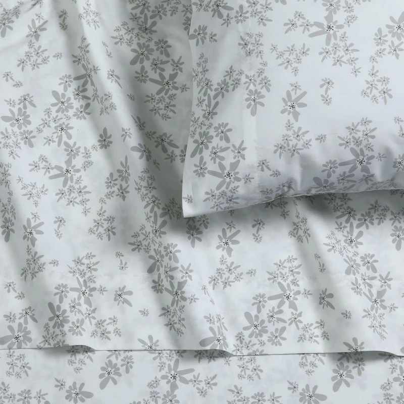 Tribeca Living Cotton Percale Twin XL Size Bed Sheet Set, 300 Thread Count, Extra Deep Pockets, Printed Emma Floral Grey