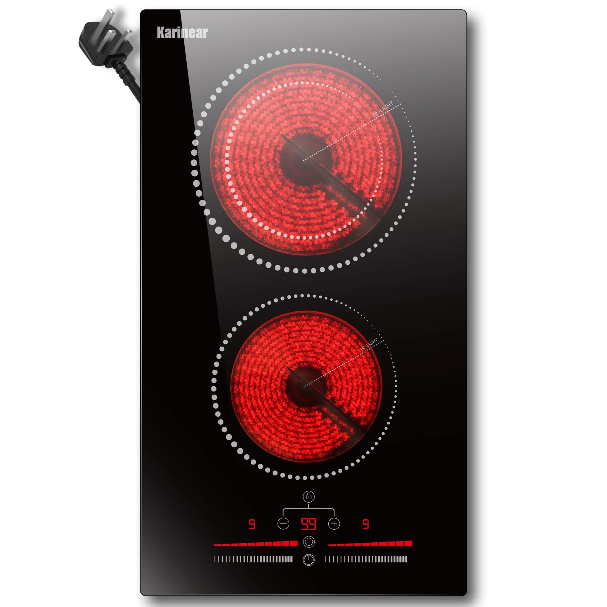 Karinear Plug in Ceramic Hob 13Amp, 2 Ring Electric Hob 2800W, Touch Control with Safe Lock, Timer, Come with Scraper 220~240V
