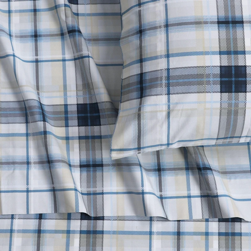 Tribeca Living Cotton Percale Queen Size Bed Sheet Set, 300 Thread Count, Extra Deep Pockets, Printed Tribeca Plaid Multicolor