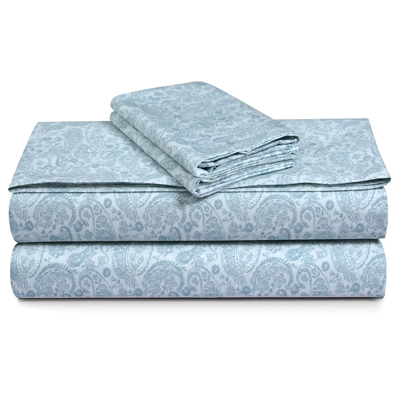 Tribeca Living Cotton Percale Sheets Twin XL Size, Extra Deep Pocket Bed Sheet Set, 300 Thread Count, Printed Danielle Paisley Blue